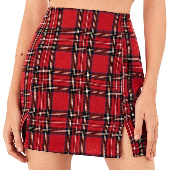 High Waist Plaid Skirt Bodycon with Slit - Picture 3 of 8